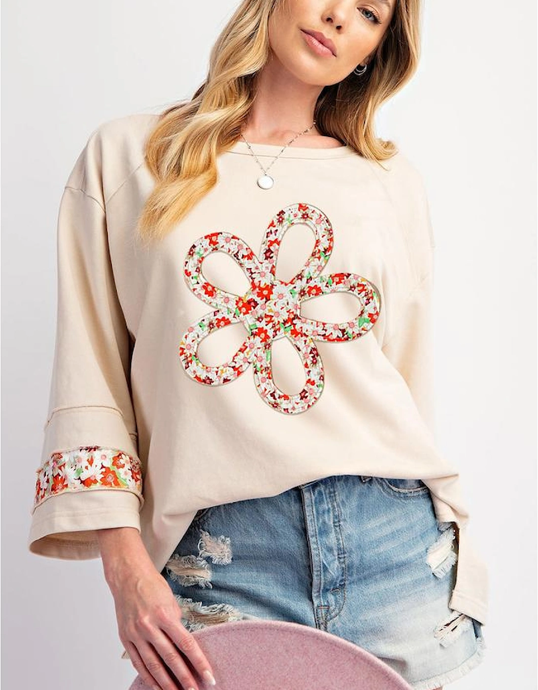 Beige Flower Patch Graphic Exposed Seam Wide Sleeve Top