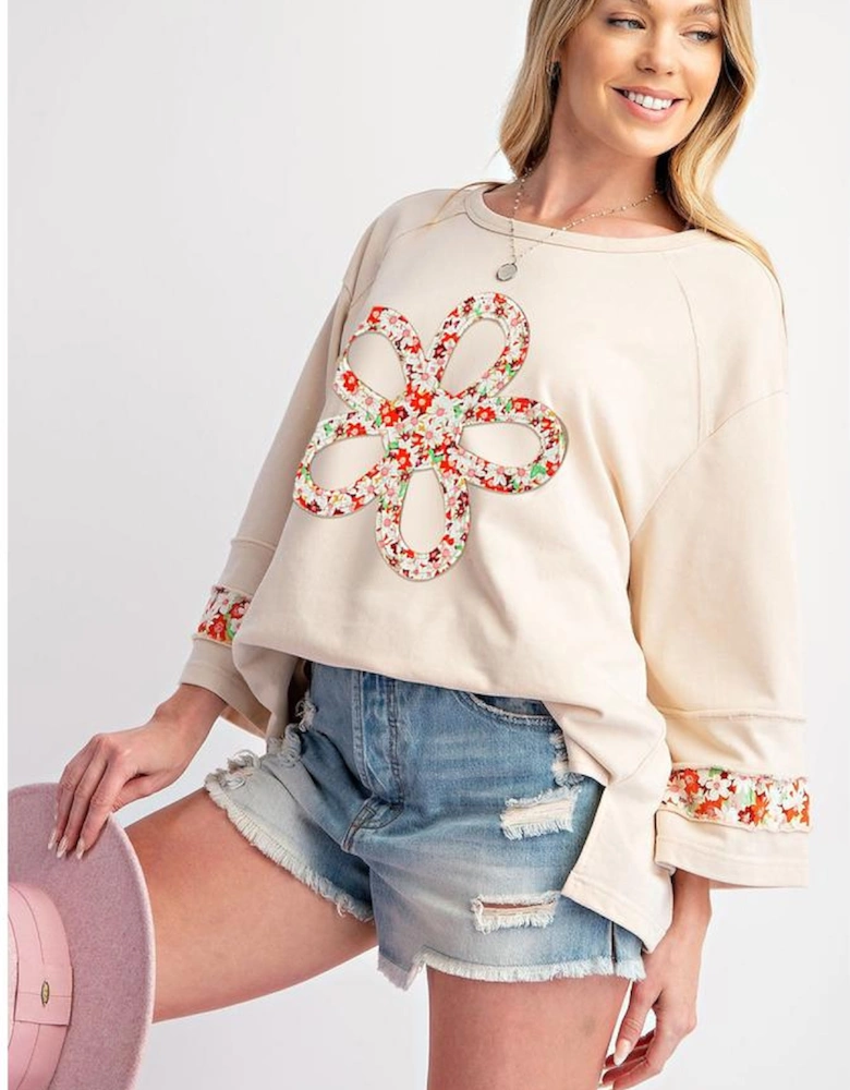 Beige Flower Patch Graphic Exposed Seam Wide Sleeve Top
