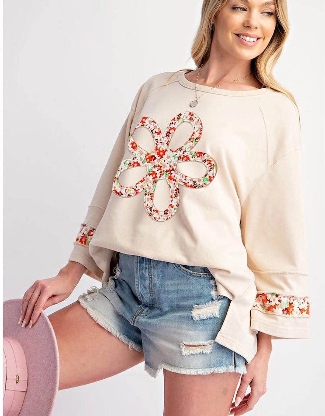 Beige Flower Patch Graphic Exposed Seam Wide Sleeve Top