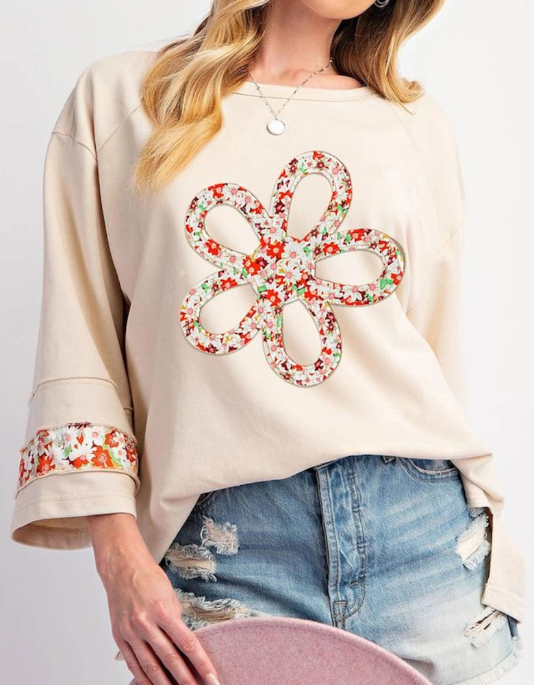 Beige Flower Patch Graphic Exposed Seam Wide Sleeve Top