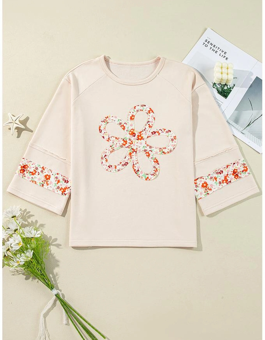 Beige Flower Patch Graphic Exposed Seam Wide Sleeve Top