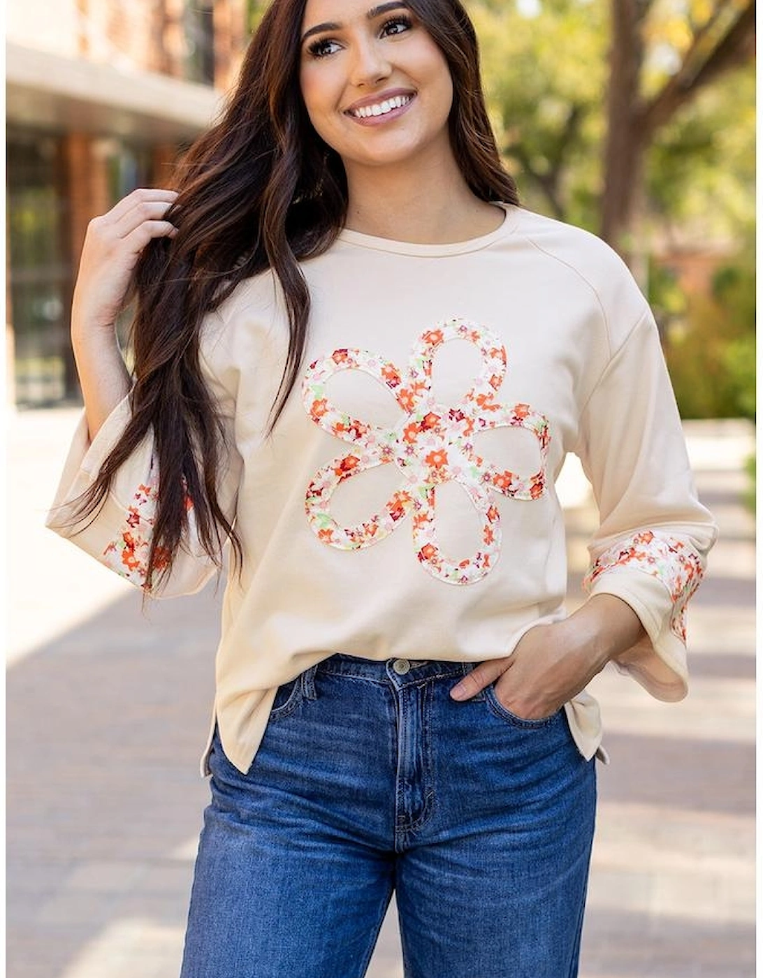 Beige Flower Patch Graphic Exposed Seam Wide Sleeve Top