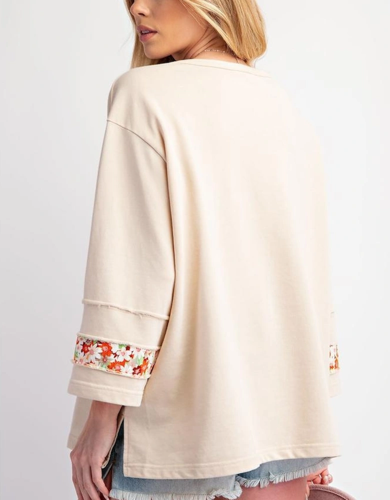 Beige Flower Patch Graphic Exposed Seam Wide Sleeve Top