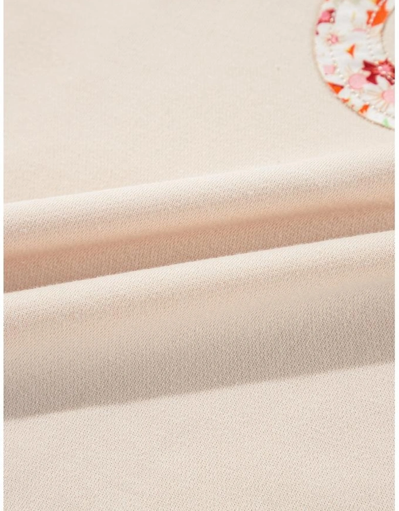 Beige Flower Patch Graphic Exposed Seam Wide Sleeve Top