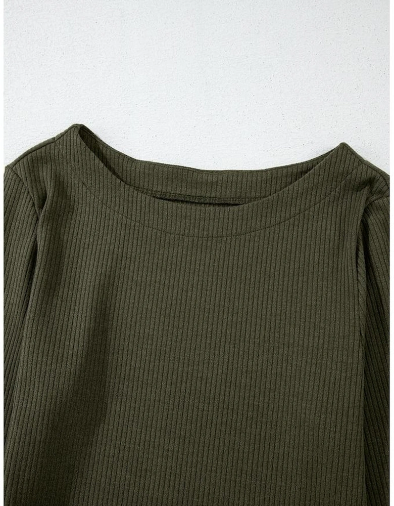 Jungle Green Ribbed Side Slit Ruched Slim Fit Long Sleeve Mini Dress