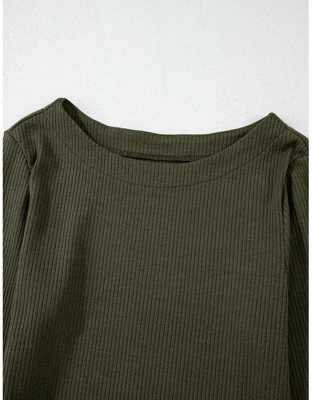 Jungle Green Ribbed Side Slit Ruched Slim Fit Long Sleeve Mini Dress