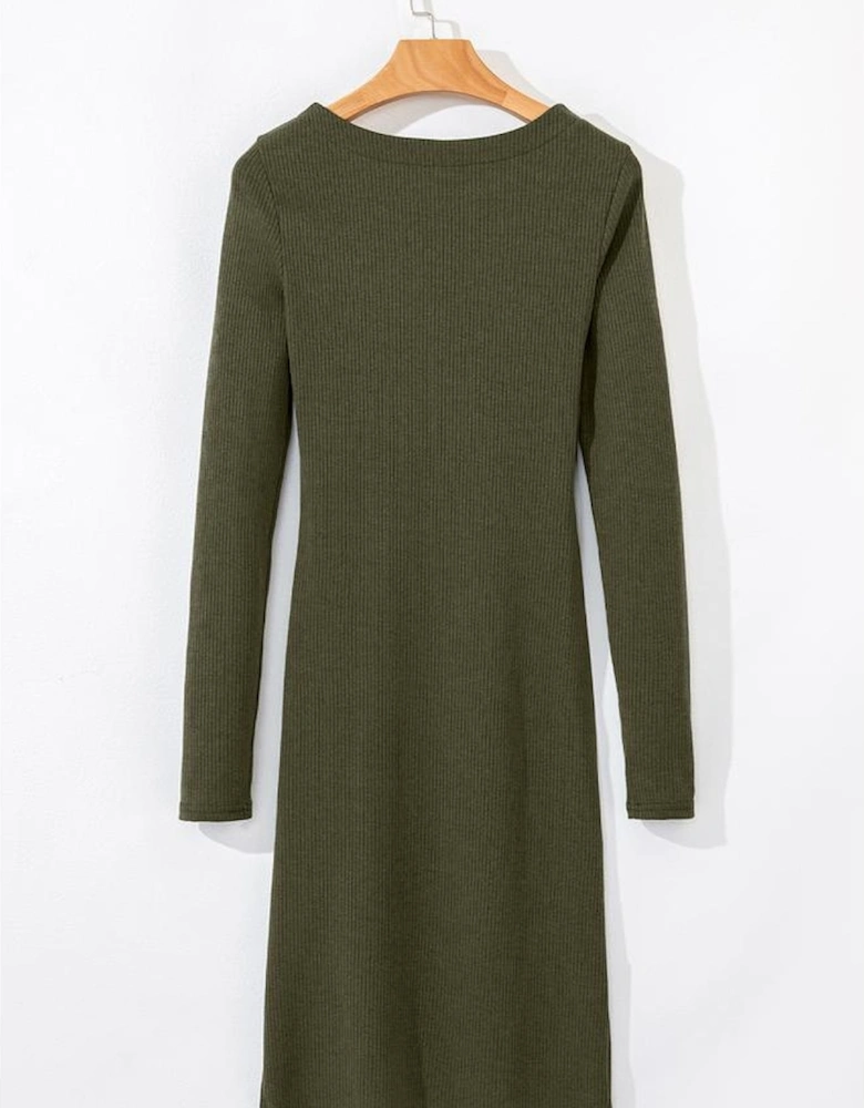 Jungle Green Ribbed Side Slit Ruched Slim Fit Long Sleeve Mini Dress