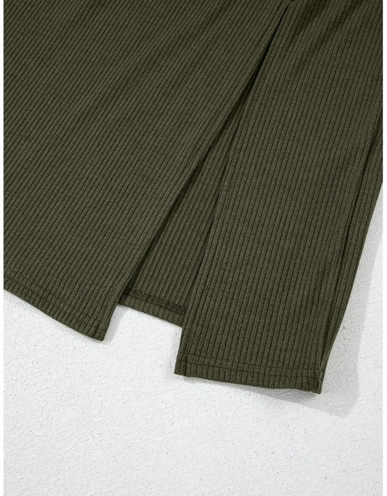 Jungle Green Ribbed Side Slit Ruched Slim Fit Long Sleeve Mini Dress