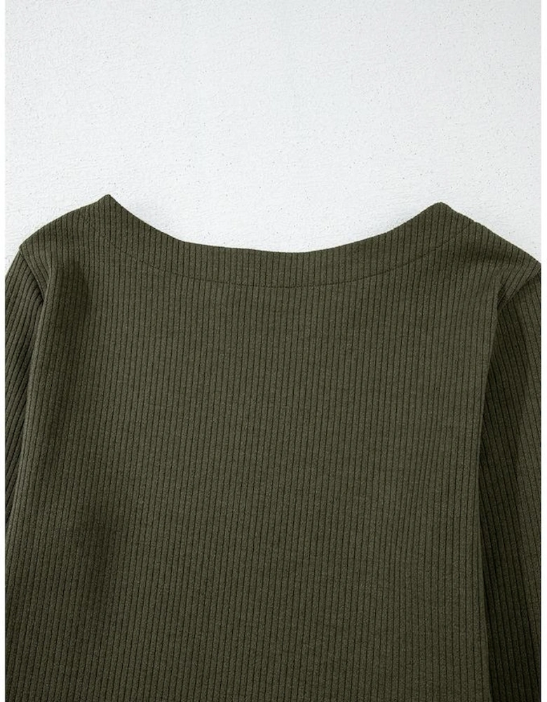 Jungle Green Ribbed Side Slit Ruched Slim Fit Long Sleeve Mini Dress