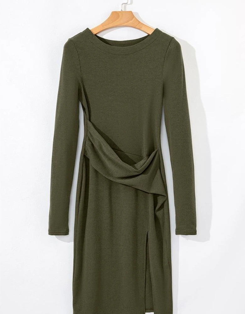 Jungle Green Ribbed Side Slit Ruched Slim Fit Long Sleeve Mini Dress