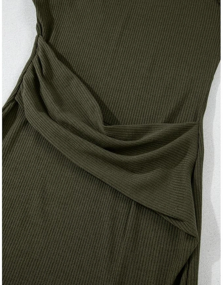 Jungle Green Ribbed Side Slit Ruched Slim Fit Long Sleeve Mini Dress