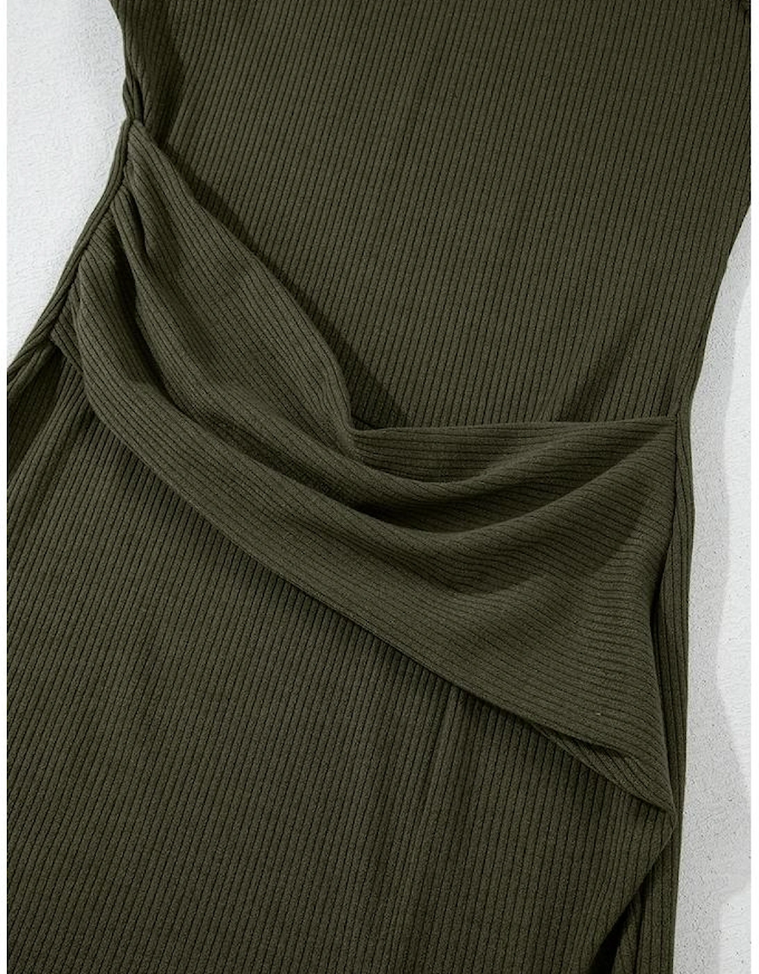 Jungle Green Ribbed Side Slit Ruched Slim Fit Long Sleeve Mini Dress