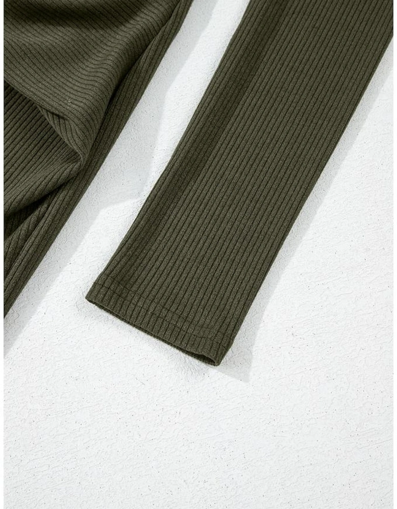 Jungle Green Ribbed Side Slit Ruched Slim Fit Long Sleeve Mini Dress