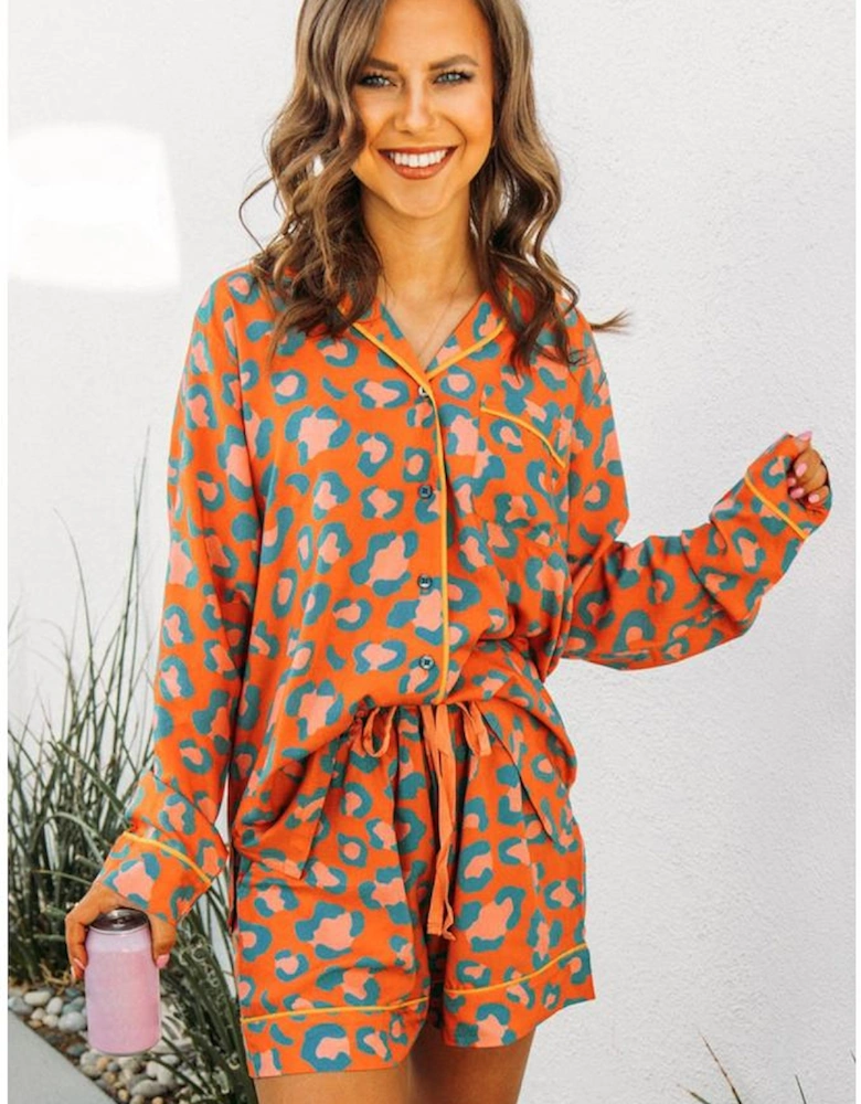 Orange Leopard Print Long Sleeve Shirt and Shorts Pajama Set