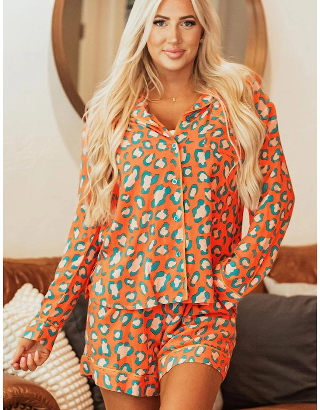 Orange Leopard Print Long Sleeve Shirt and Shorts Pajama Set
