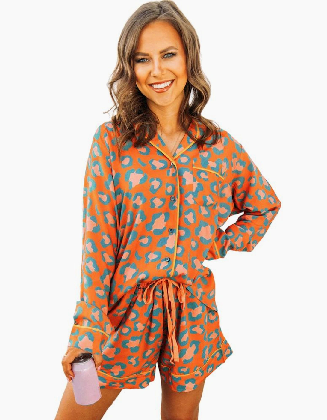 Orange Leopard Print Long Sleeve Shirt and Shorts Pajama Set