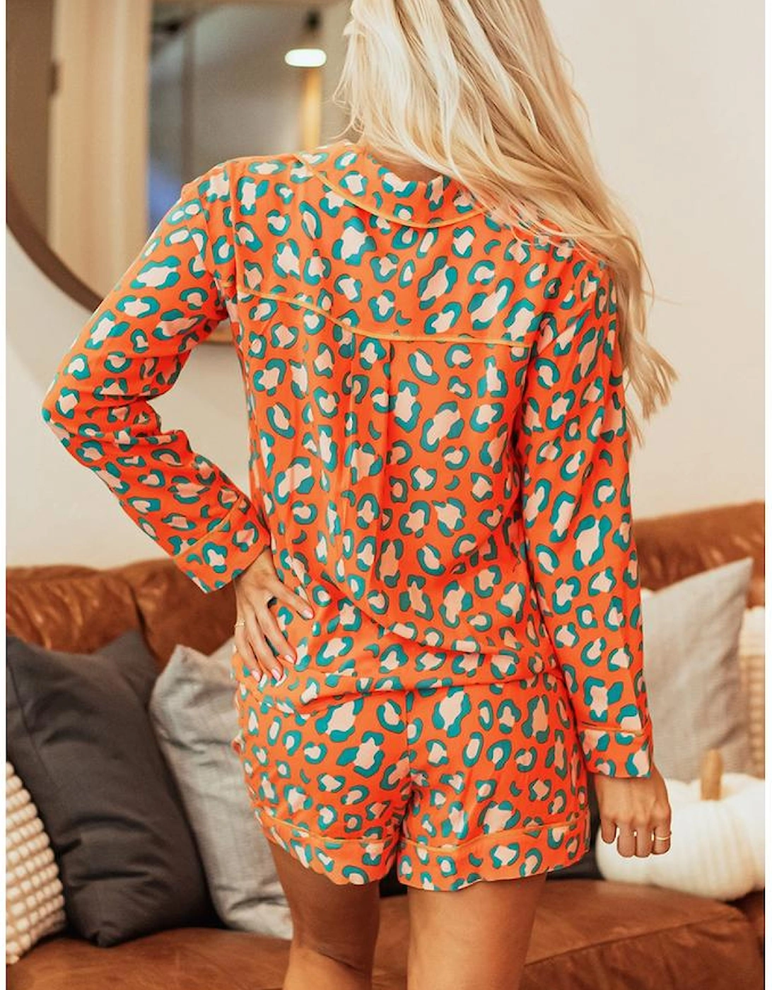 Orange Leopard Print Long Sleeve Shirt and Shorts Pajama Set, 14 of 13