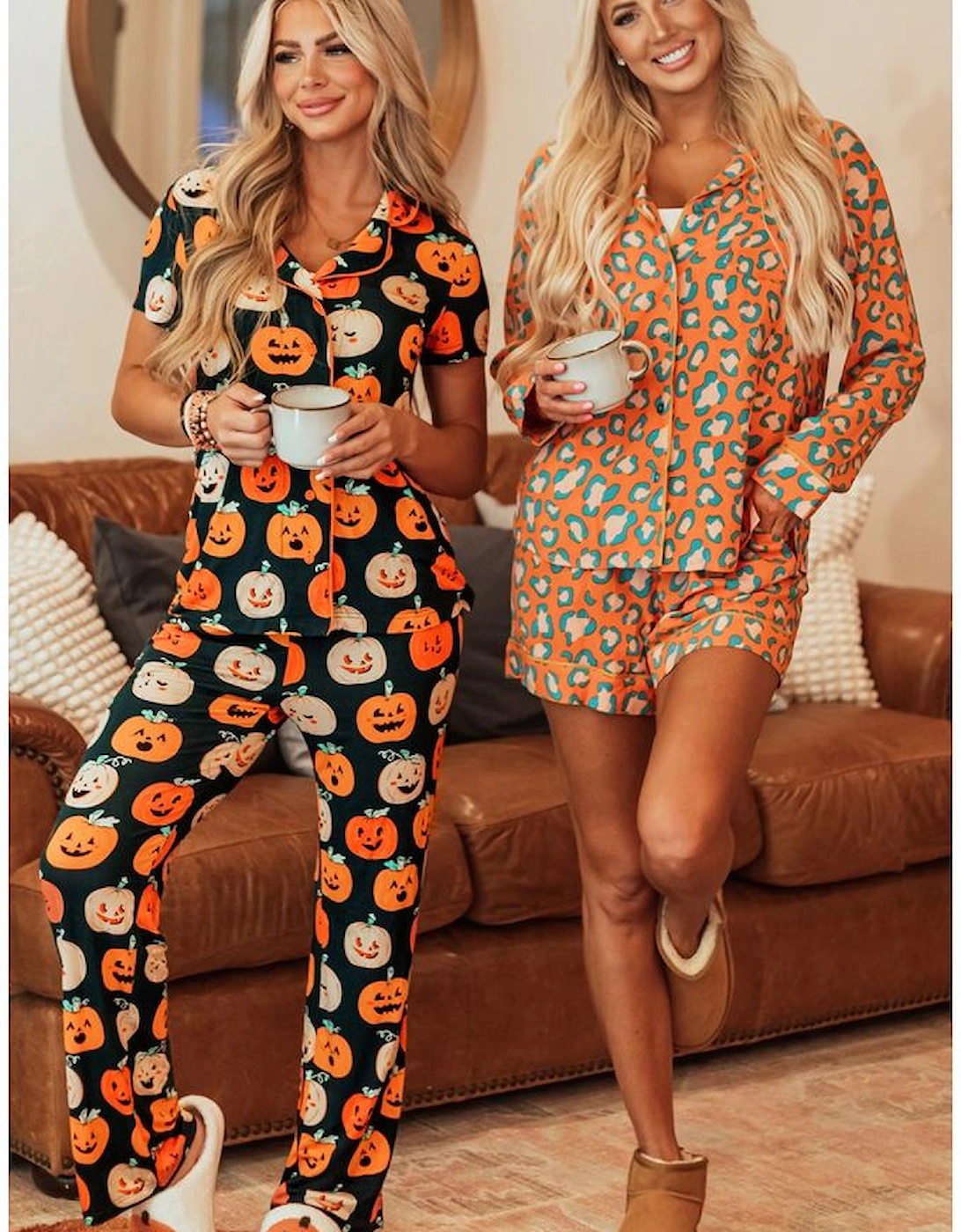 Orange Leopard Print Long Sleeve Shirt and Shorts Pajama Set