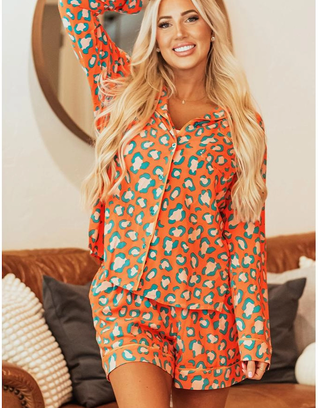 Orange Leopard Print Long Sleeve Shirt and Shorts Pajama Set