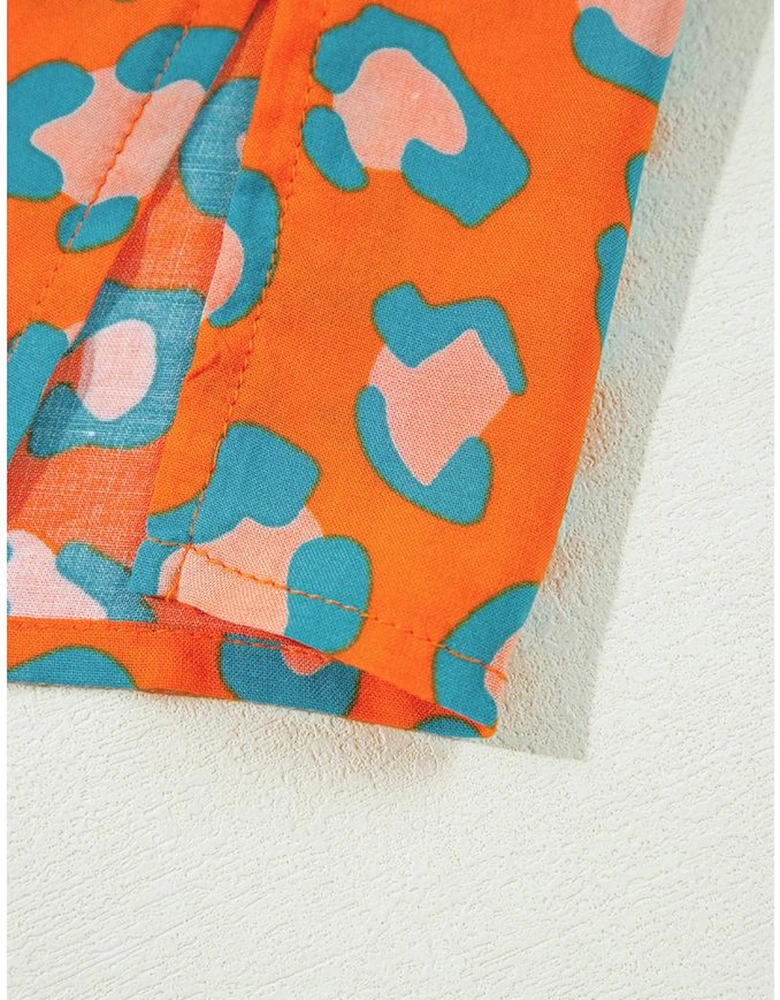 Orange Leopard Print Long Sleeve Shirt and Shorts Pajama Set