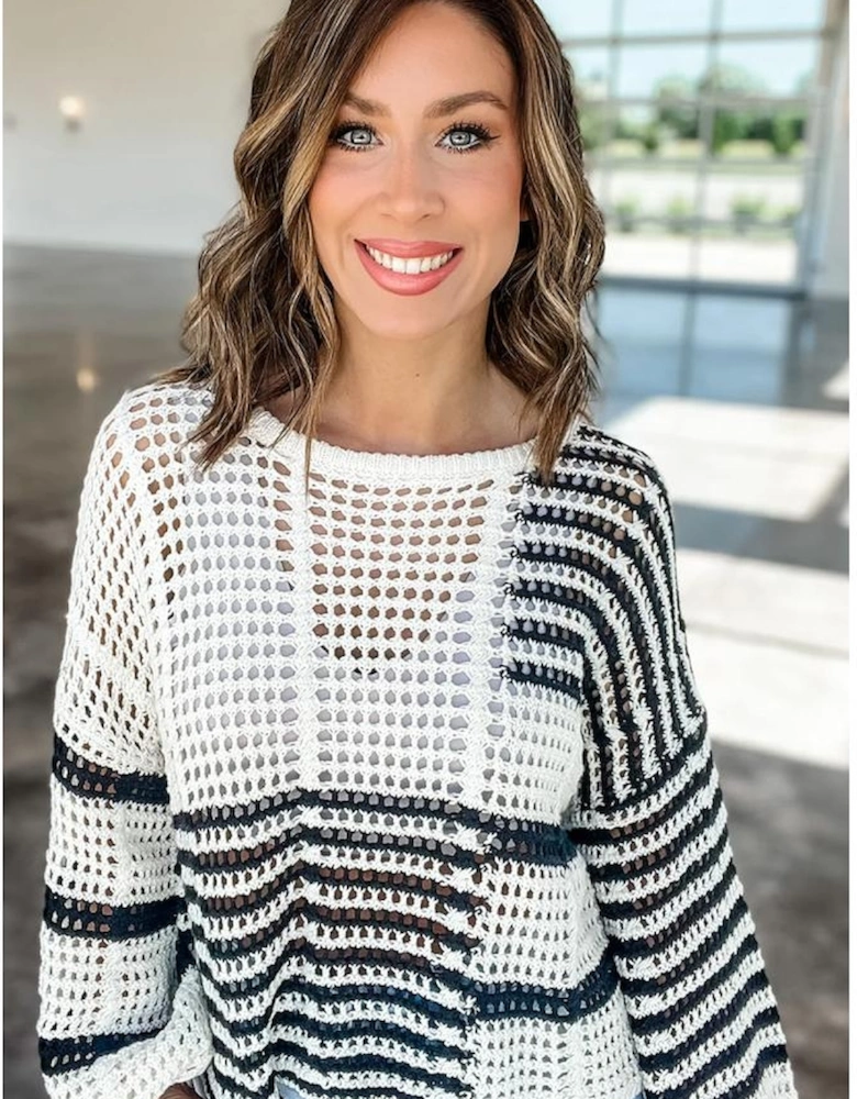 White Stripe Contrast Striped Crochet Puff Sleeve Sweater