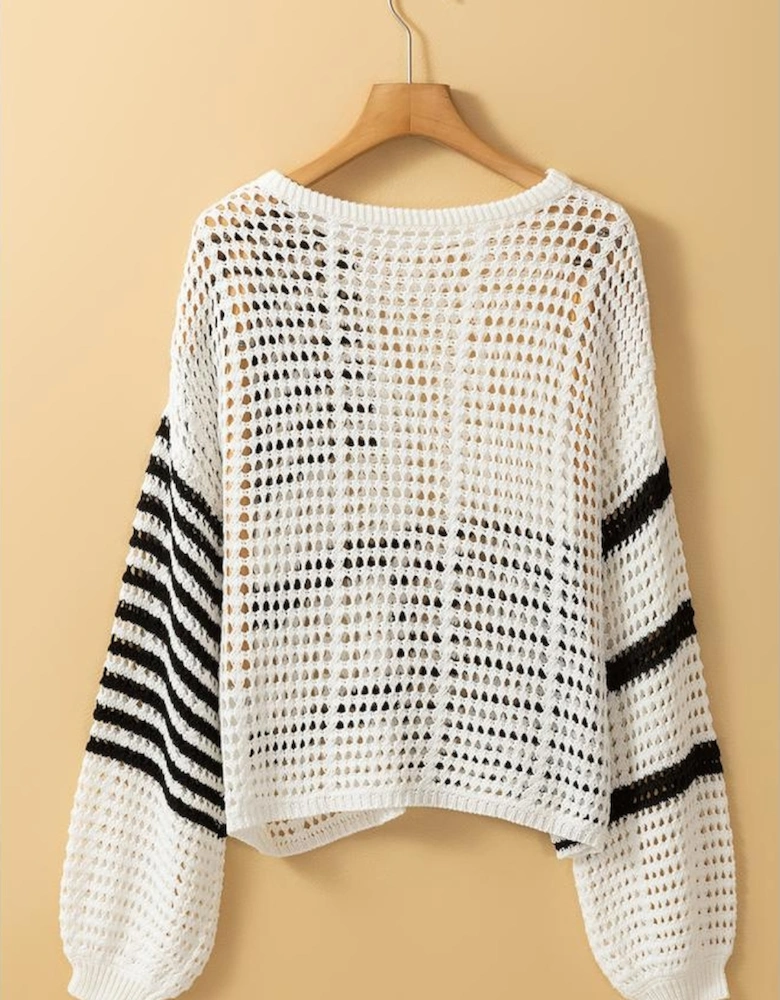White Stripe Contrast Striped Crochet Puff Sleeve Sweater