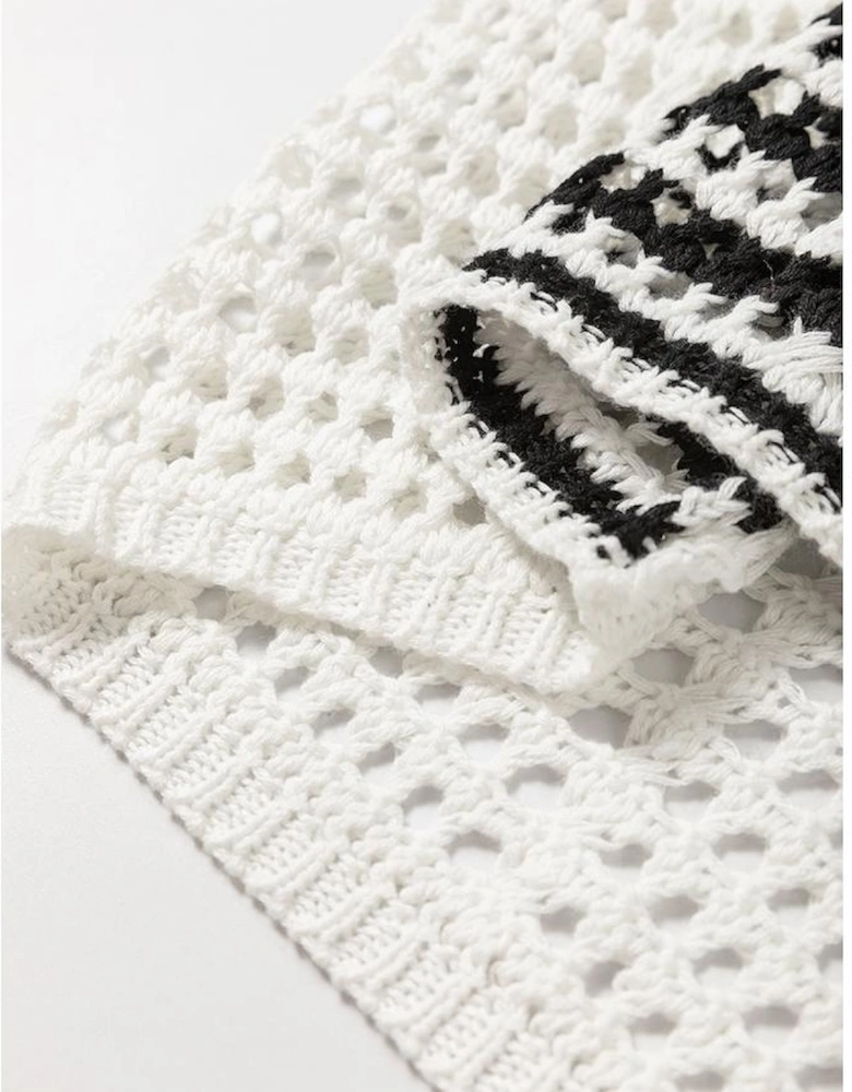 White Stripe Contrast Striped Crochet Puff Sleeve Sweater