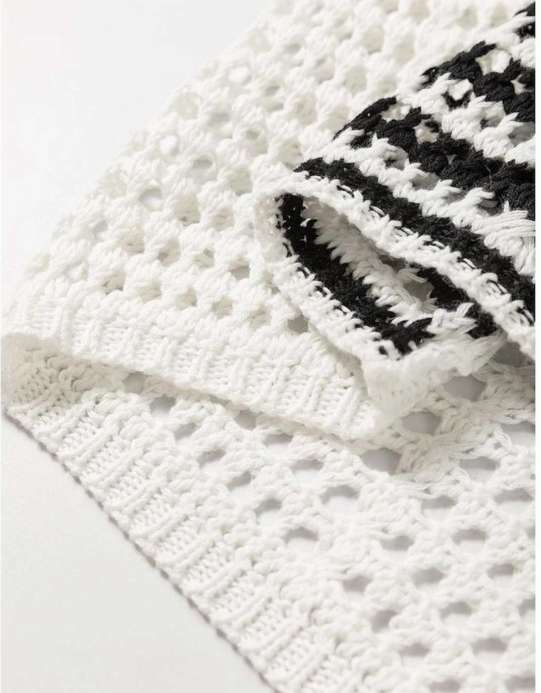 White Stripe Contrast Striped Crochet Puff Sleeve Sweater, 13 of 12