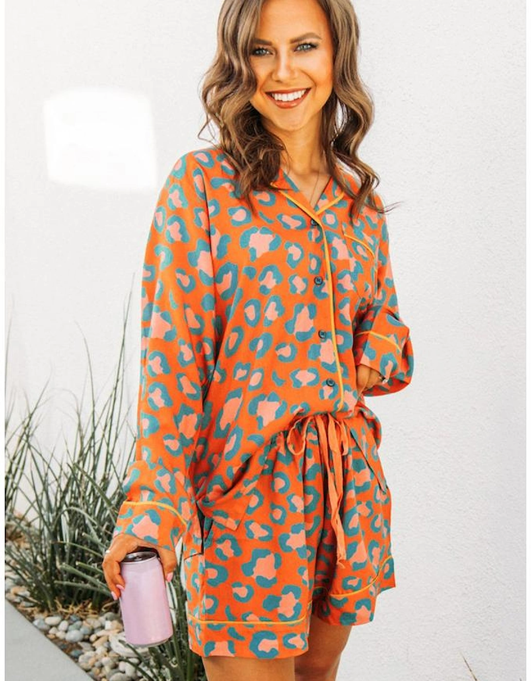 Orange Leopard Print Long Sleeve Shirt and Shorts Pajama Set