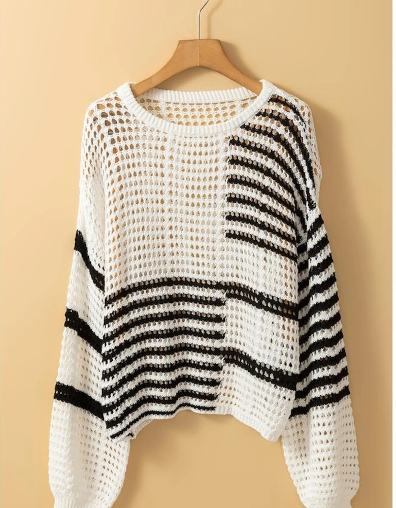 White Stripe Contrast Striped Crochet Puff Sleeve Sweater