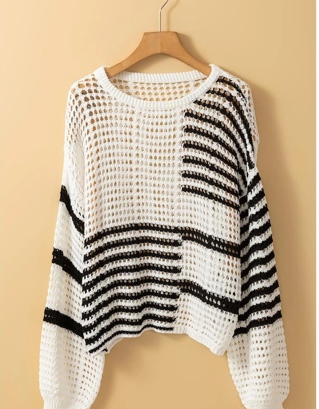 White Stripe Contrast Striped Crochet Puff Sleeve Sweater