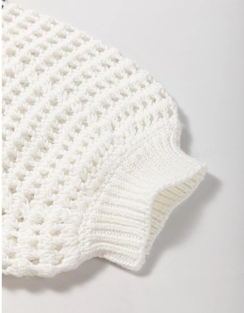 White Stripe Contrast Striped Crochet Puff Sleeve Sweater