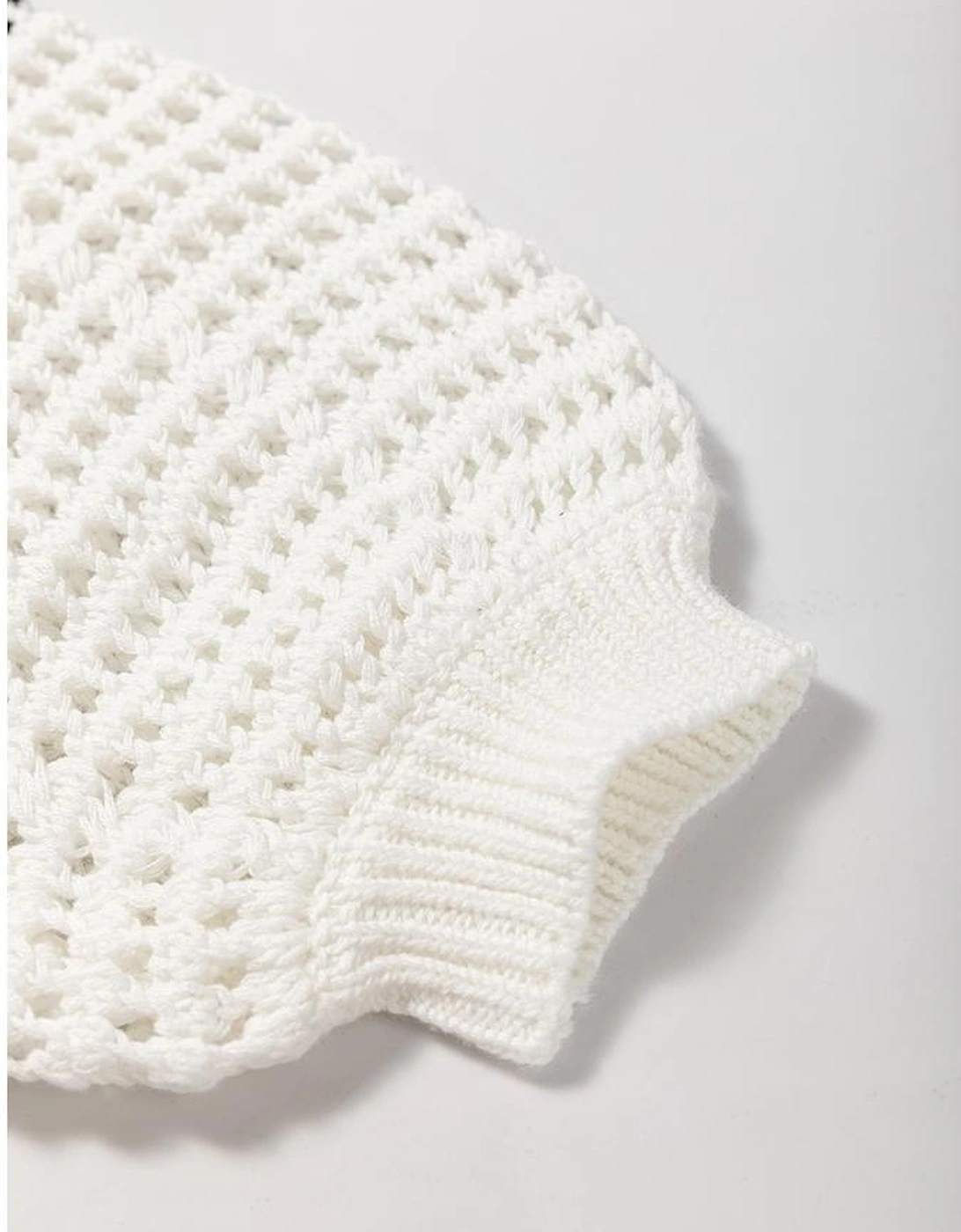 White Stripe Contrast Striped Crochet Puff Sleeve Sweater