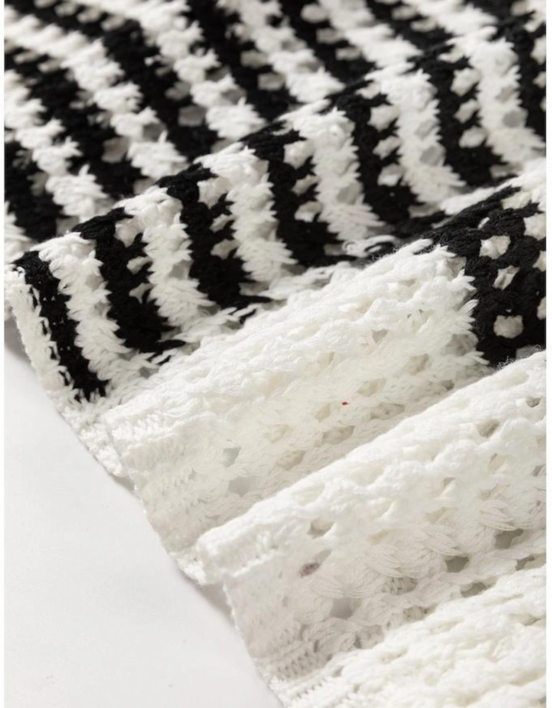 White Stripe Contrast Striped Crochet Puff Sleeve Sweater