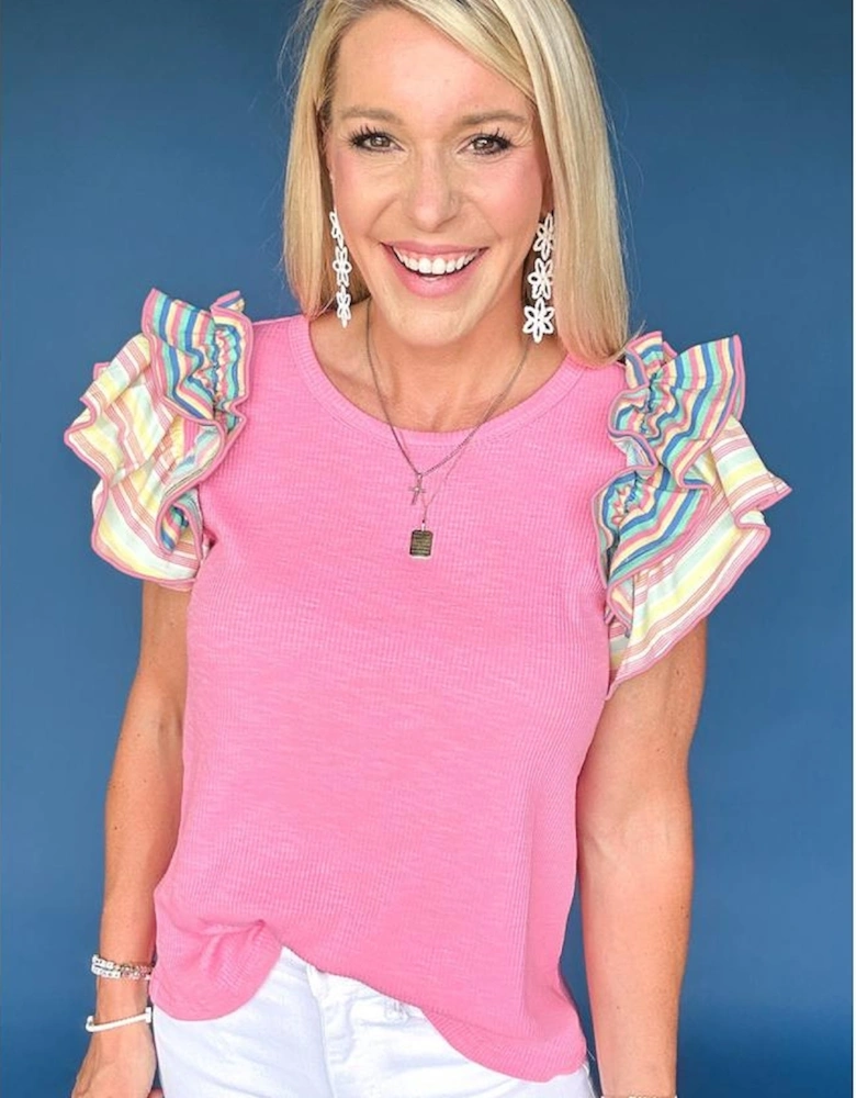 Bonbon Striped Ruffle Flutter Sleeve Ribbed Blouse