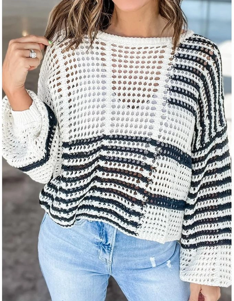 White Stripe Contrast Striped Crochet Puff Sleeve Sweater