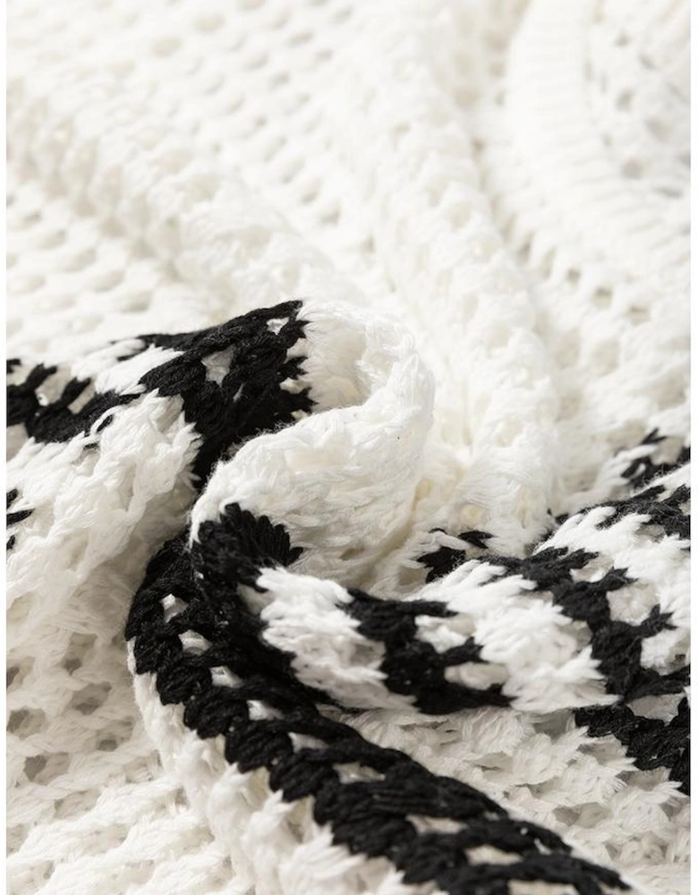 White Stripe Contrast Striped Crochet Puff Sleeve Sweater