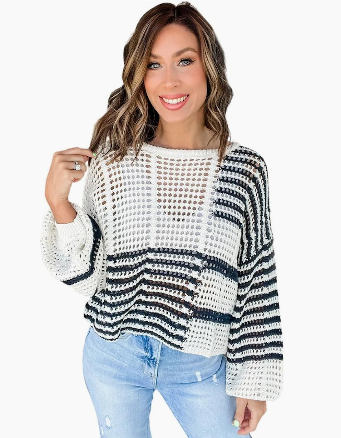 White Stripe Contrast Striped Crochet Puff Sleeve Sweater