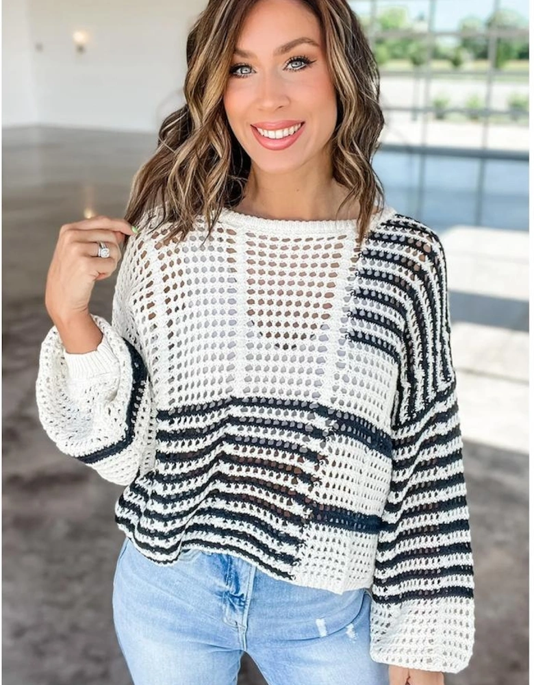 White Stripe Contrast Striped Crochet Puff Sleeve Sweater