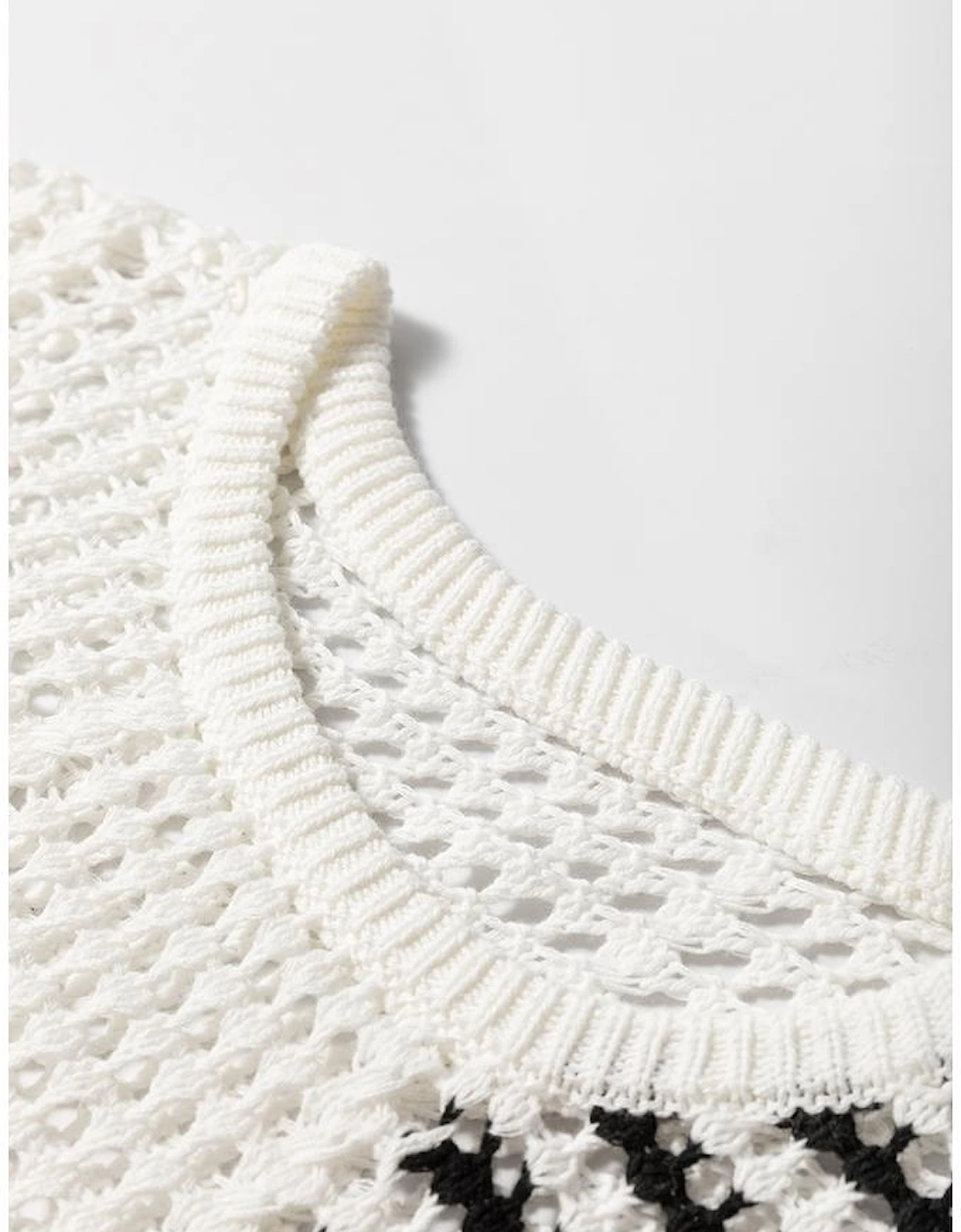 White Stripe Contrast Striped Crochet Puff Sleeve Sweater