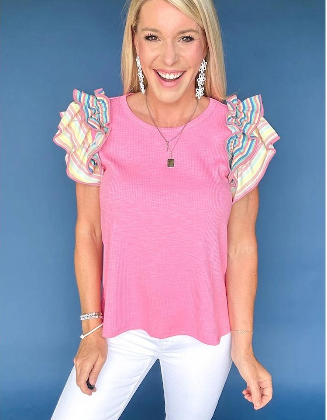 Bonbon Striped Ruffle Flutter Sleeve Ribbed Blouse