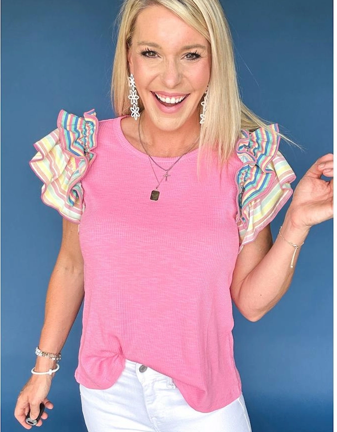 Bonbon Striped Ruffle Flutter Sleeve Ribbed Blouse