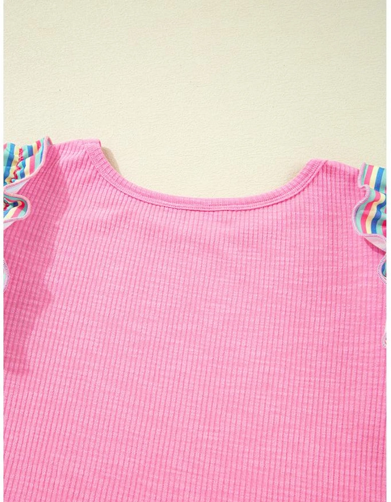 Bonbon Striped Ruffle Flutter Sleeve Ribbed Blouse
