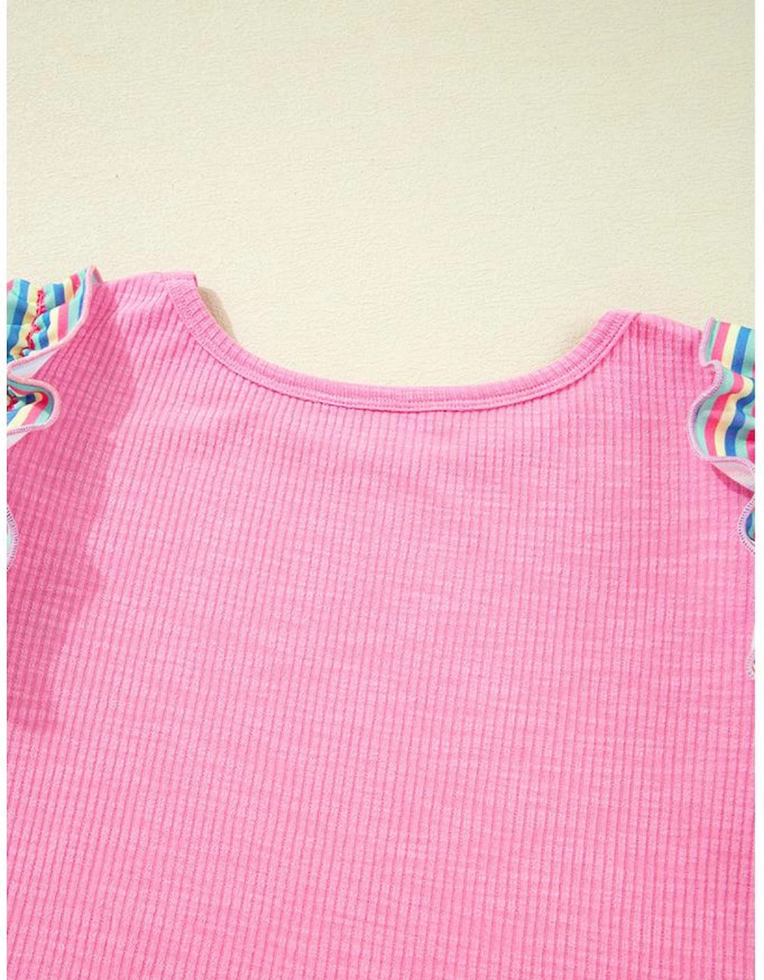 Bonbon Striped Ruffle Flutter Sleeve Ribbed Blouse