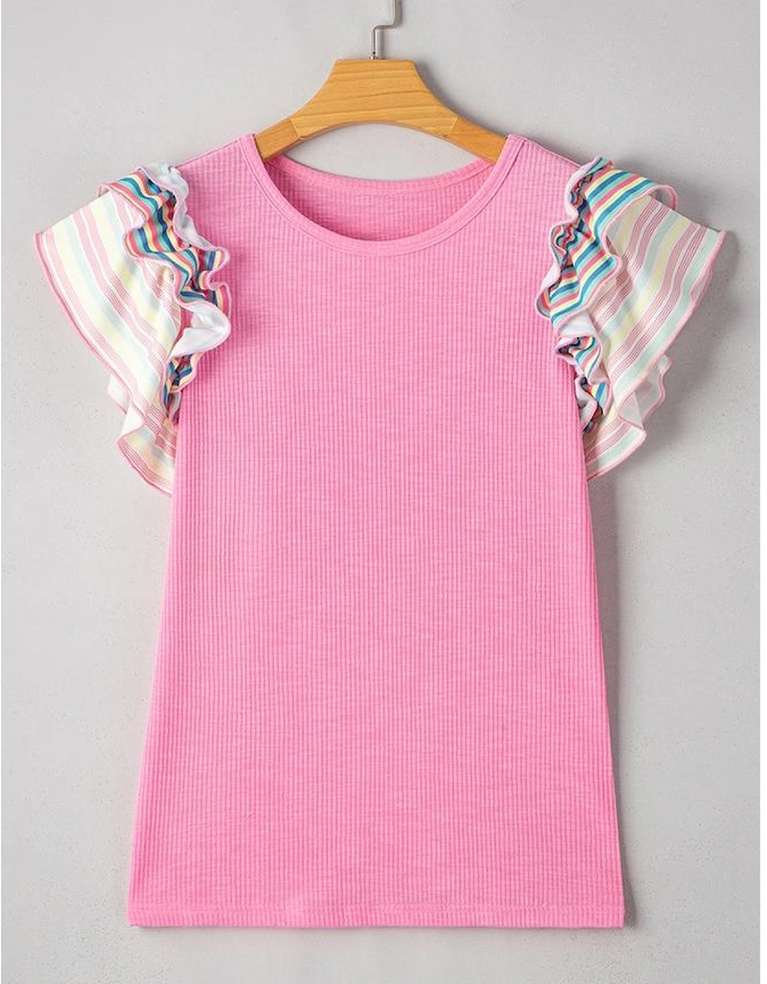 Bonbon Striped Ruffle Flutter Sleeve Ribbed Blouse