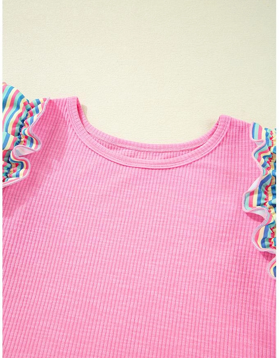 Bonbon Striped Ruffle Flutter Sleeve Ribbed Blouse