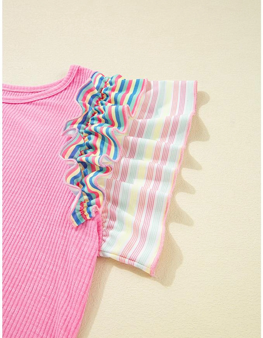 Bonbon Striped Ruffle Flutter Sleeve Ribbed Blouse