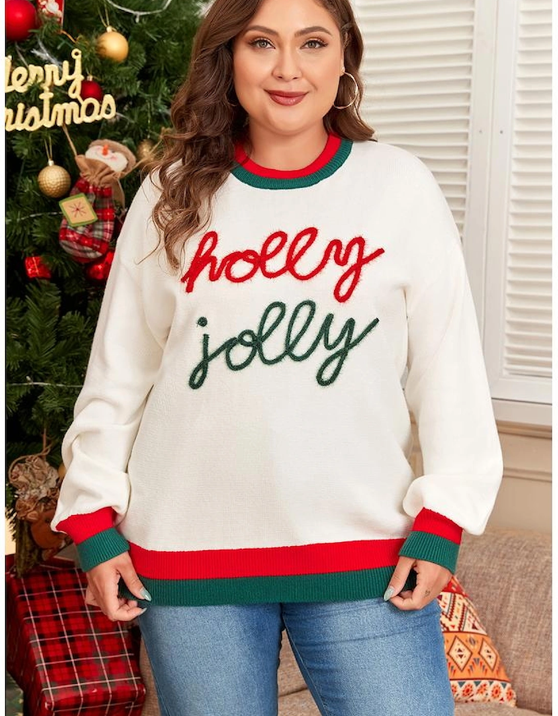 White Tinsel holly jolly Pattern Colorblock Edge Drop Shoulder Plus Size Sweater, 16 of 15