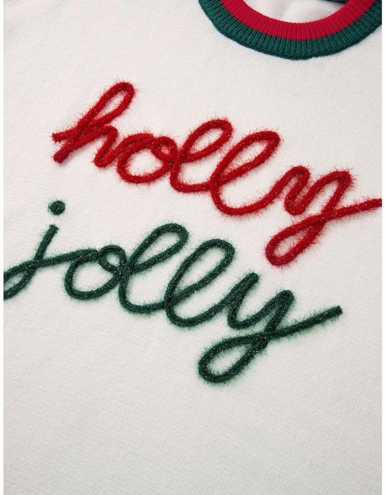 White Tinsel holly jolly Pattern Colorblock Edge Drop Shoulder Plus Size Sweater