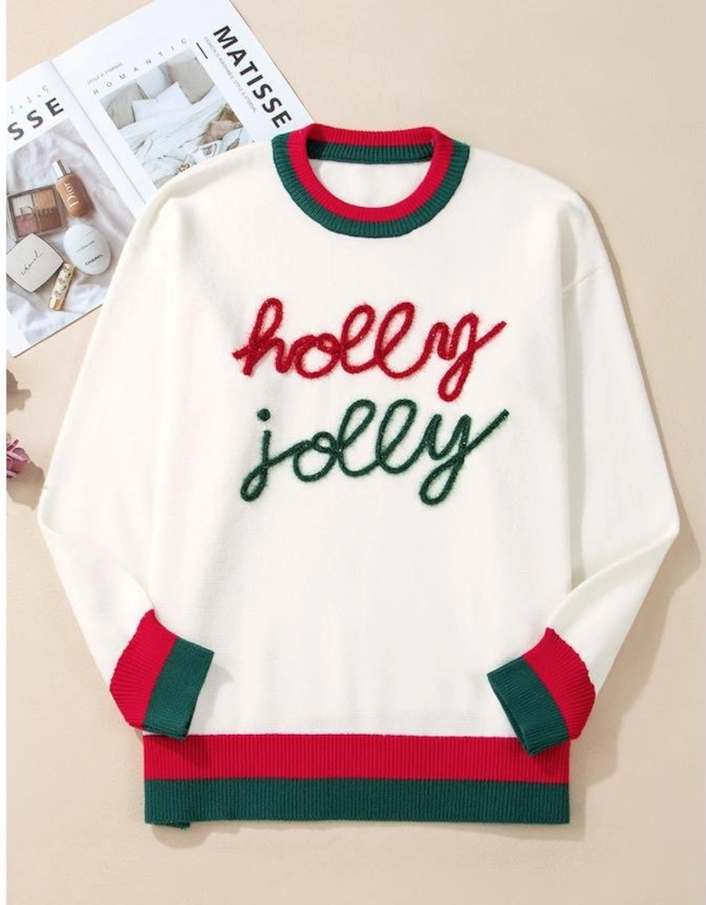 White Tinsel holly jolly Pattern Colorblock Edge Drop Shoulder Plus Size Sweater